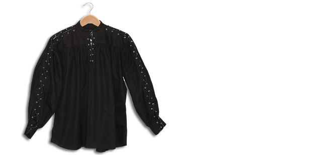 Cotton Shirt, Collarless, Laced Neck&Sleeves, Black